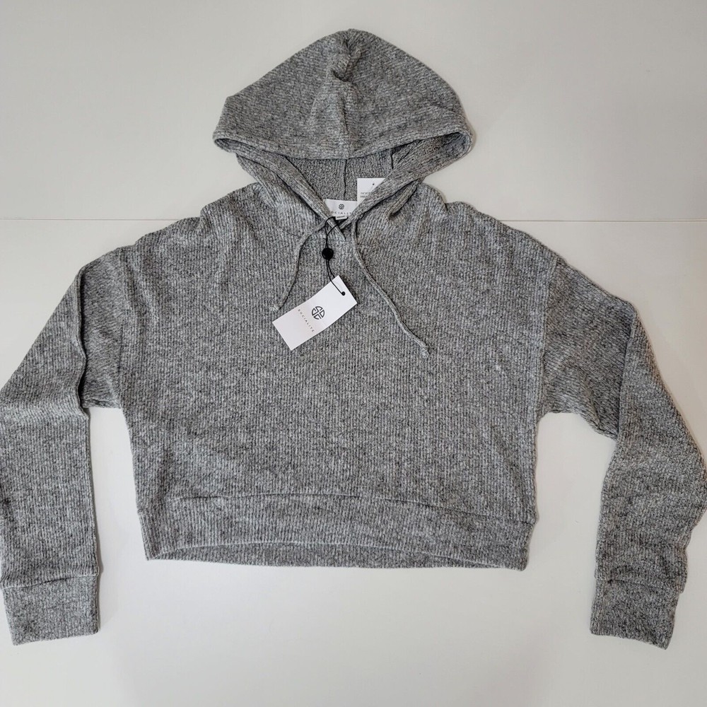 Socialite Womens XS Ribbed Crop Hoodie Sweater Grey NWT soft lightweight